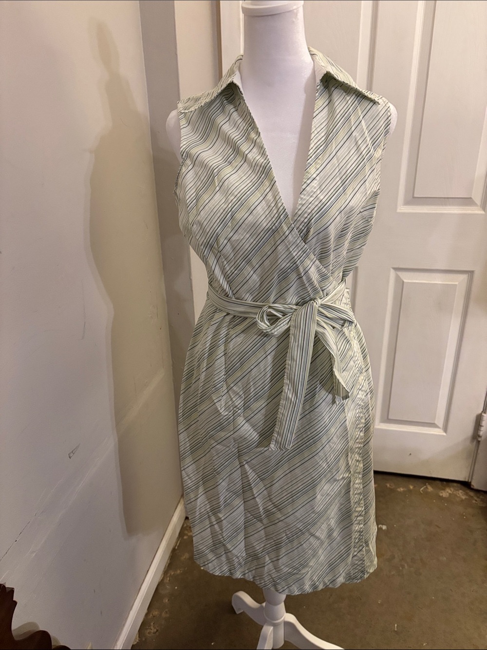 Express Sleeveless Wrap Shirtdress in Light Sage Stripe